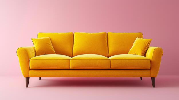 a-yellow-couch-with-pillows-on-it-is-sitting-in-front-of-a-pink-wall-the-couch-is-the-main-focus-of-the-image-and-it-gives-off-a-warm-and-inviting-feeling-photo